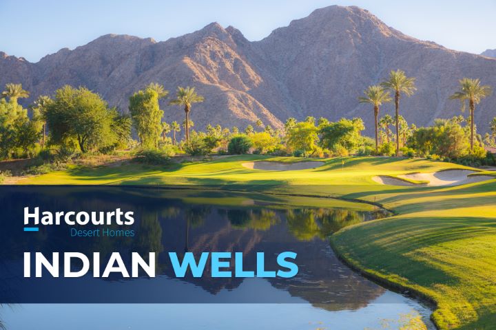Beautiful golden light over Indian Wells Golf Resort, a desert golf course in Palm Springs, California, USA with view of the San Bernadino Mountains.